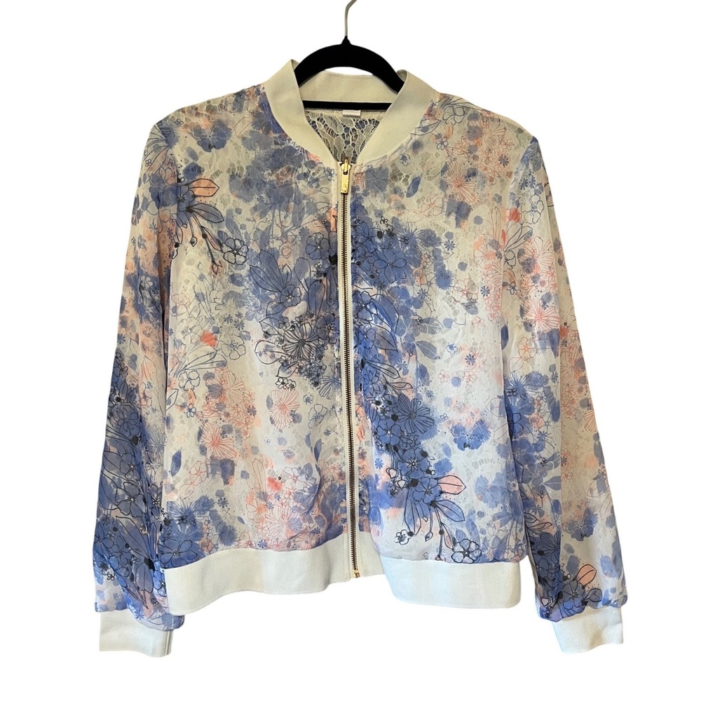 Candies Reversible Floral Lace Bomber Jacket XL White Blue Pink Rose Gold Zip